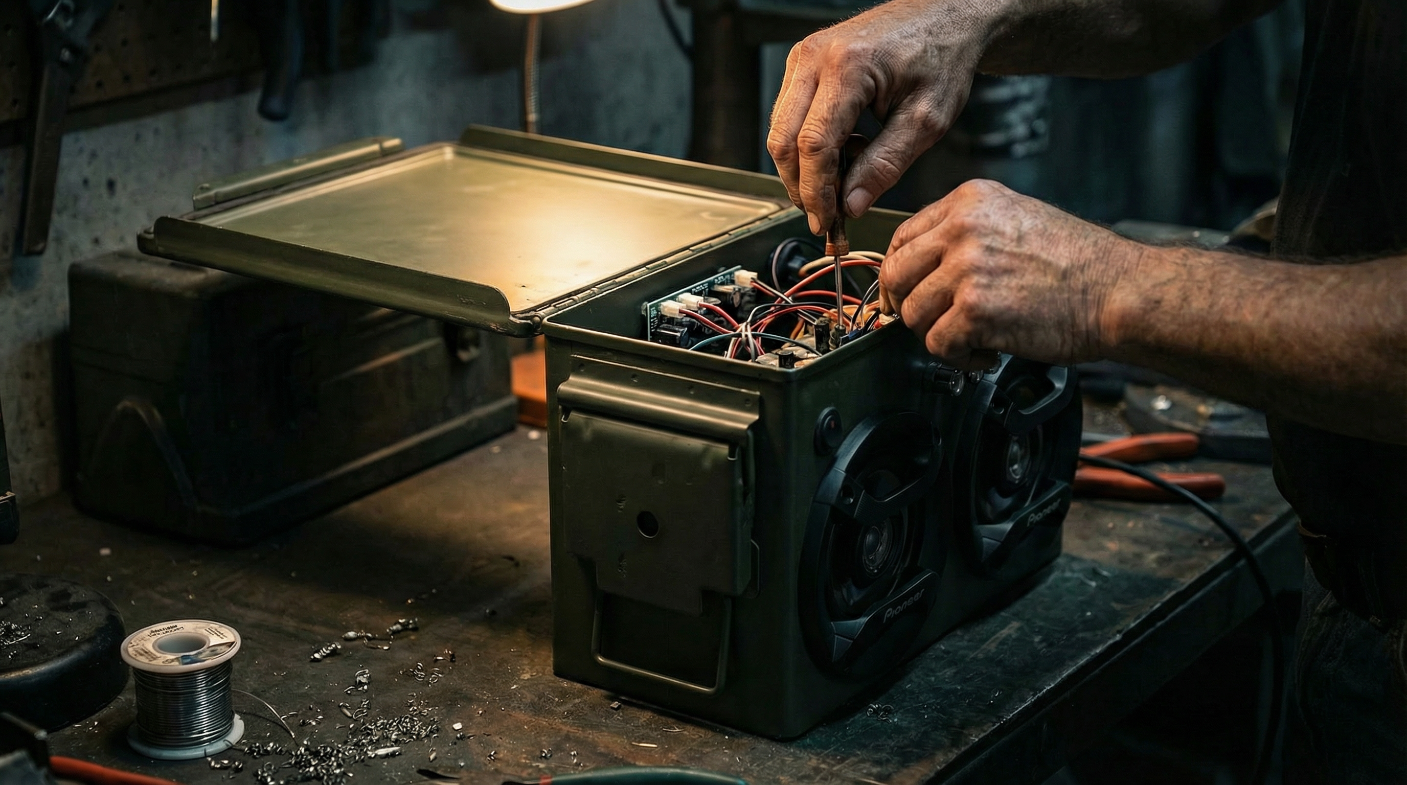 Craftsman working on internal components of ammo can speaker